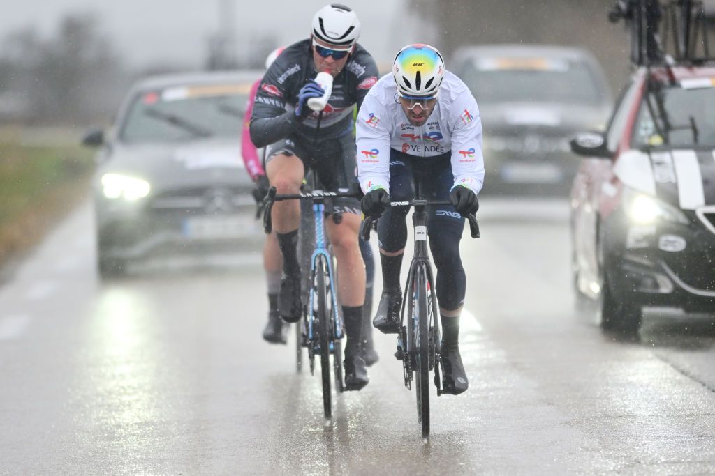 LE MONT BOUQUET FRANCE FEBRUARY 08 Alexys Brunel of France and Team TotalEnergies leads the breakaway under heavy rain during the 55th Etoile de Besseges Tour du Gard 2025 Stage 4 a 135km stage from Vauvert to Le Mont Bouquet 617m Race shortened due to adverse weather conditions on February 08 2025 in Le Mont Bouquet France Photo by Billy CeustersGetty Images