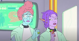 a green-skinned alien doctor with four eyes talks to a purple-skinned alien doctor, both in lab coats