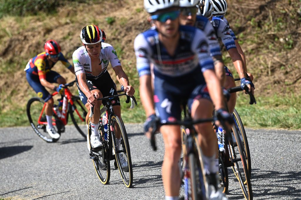 COL DU TOURMALET FRANCE SEPTEMBER 08 Remco Evenepoel of Belgium and Team Soudal Quick Step White Best Young Rider Jersey dropped from the peloton during the 78th Tour of Spain 2023 a 1347km stage from Formigal Huesca la Magia to Col du Tourmalet 2115m UCIWT on September 08 2023 in Col du Tourmalet France Photo by Tim de WaeleGetty Images