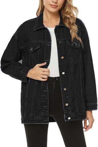 Seekme Women's Oversized Jean Jacket Plus Size Fashion Boyfriend Button Down Washed Denim Jacket (black, Medium)