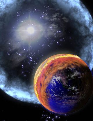 Artist's depiction of a nearby Gamma Ray Burst impact with Earth. A brown cloud of nitrogen dioxide forms as a result of the high-energy photons interacting with the air.