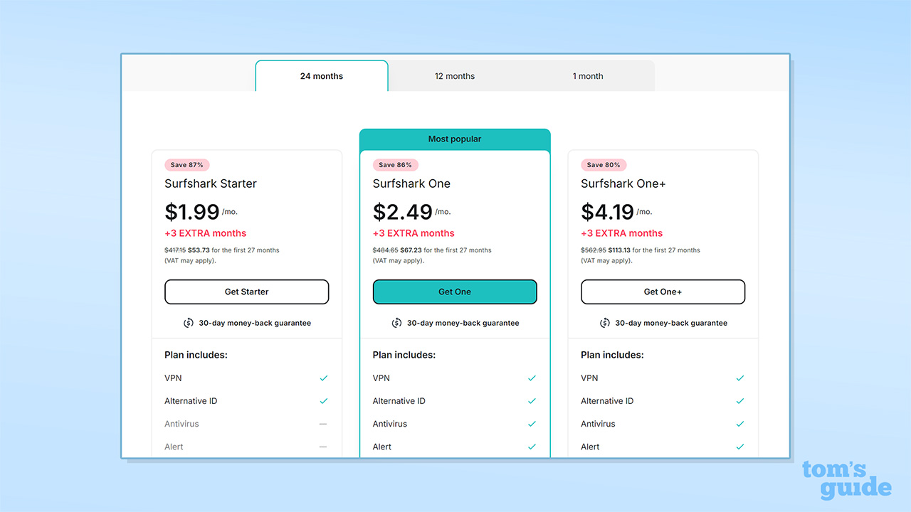 Screenshot of two-year Surfshark prices for its three plans