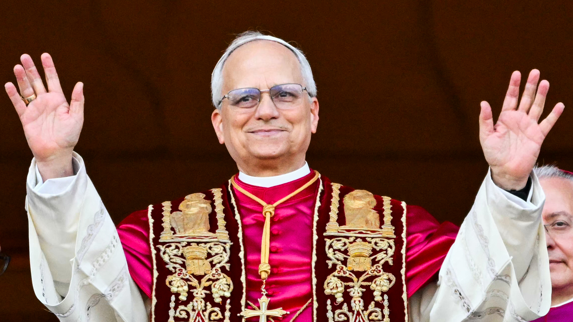 Pope Leo XIV, Robert Prevost arrives on the main central loggia balcony of the St Peter&#039;s Basilica