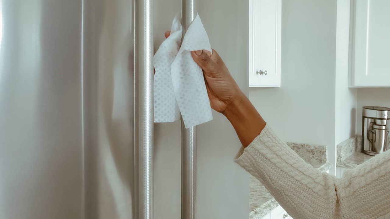 Woman Cleans Refrigerator Handle Using Wipe