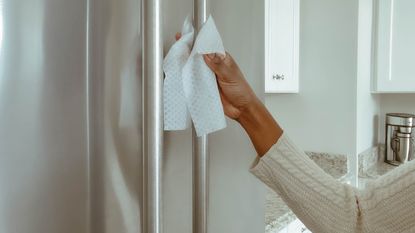 Woman Cleans Refrigerator Handle Using Wipe