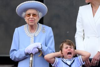 Prince Louis and Queen Elizabeth II on Buckingham Palace balcony at Queen's Platinum Jubilee