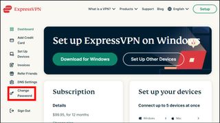 The ExpressVPN Change Password website option