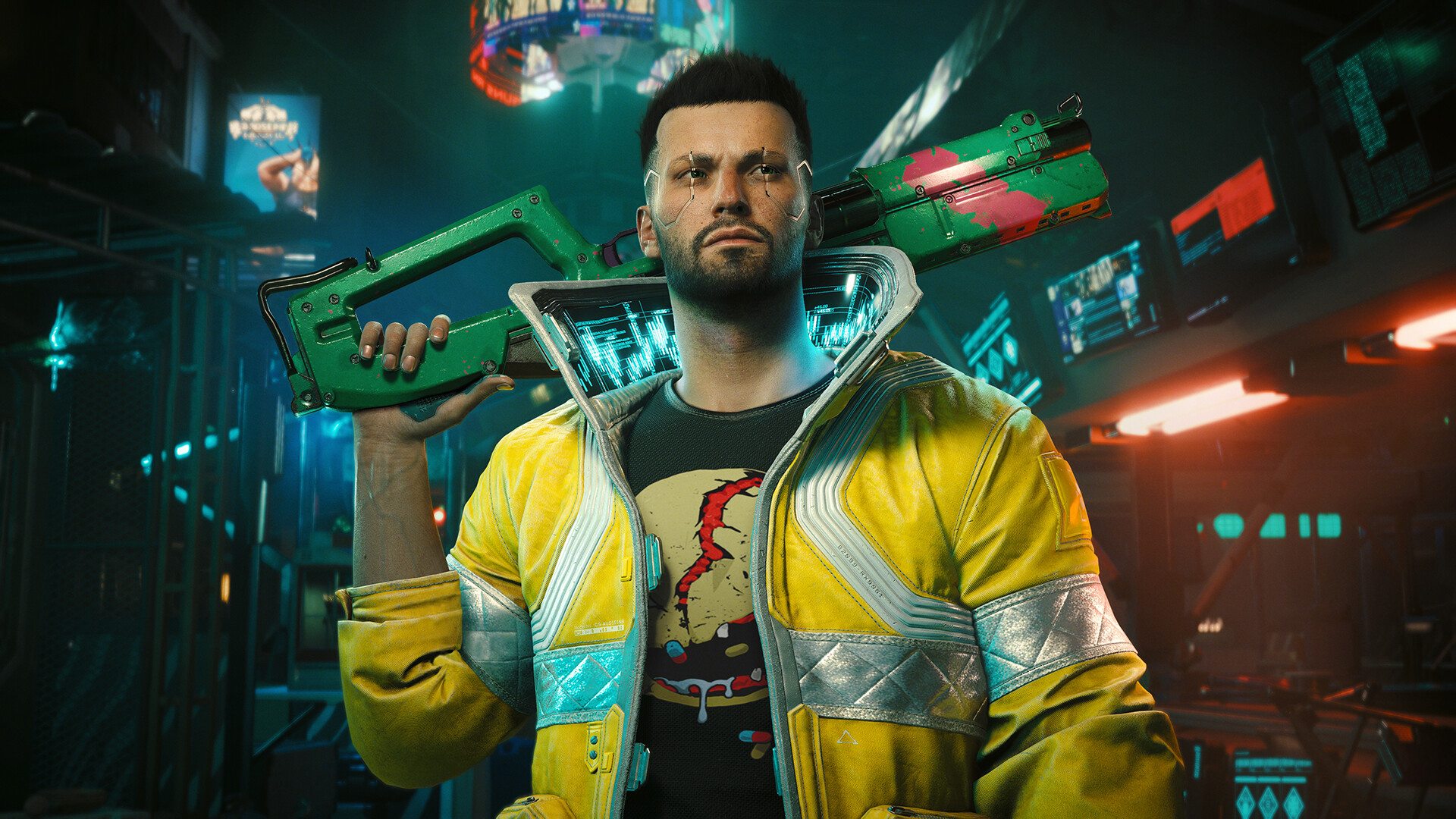 Best Steam Summer Sale games: A close-up shot of a player holding a gun in Cyberpunk 2077.