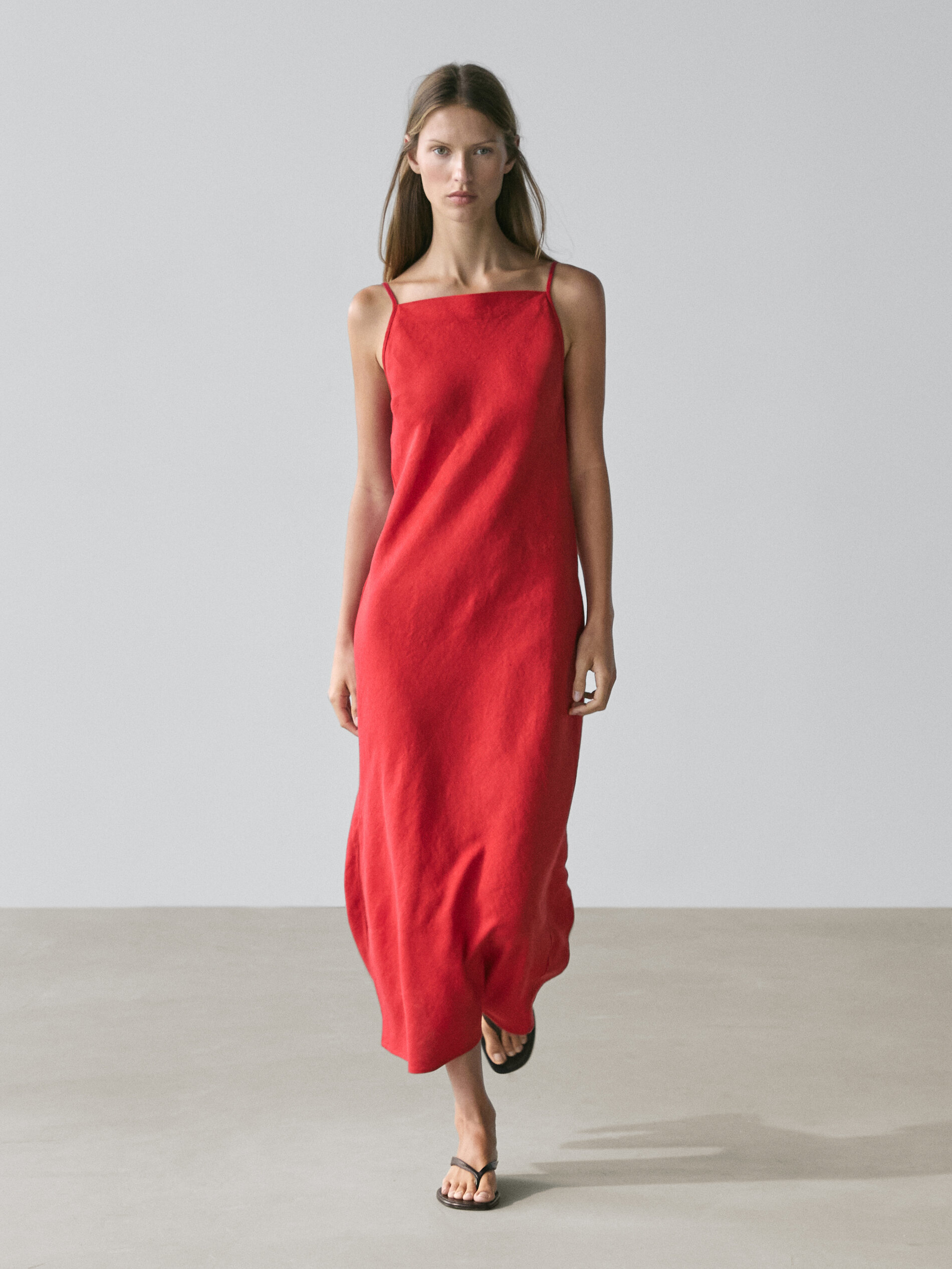 Linen Midi Dress With Straight Neckline