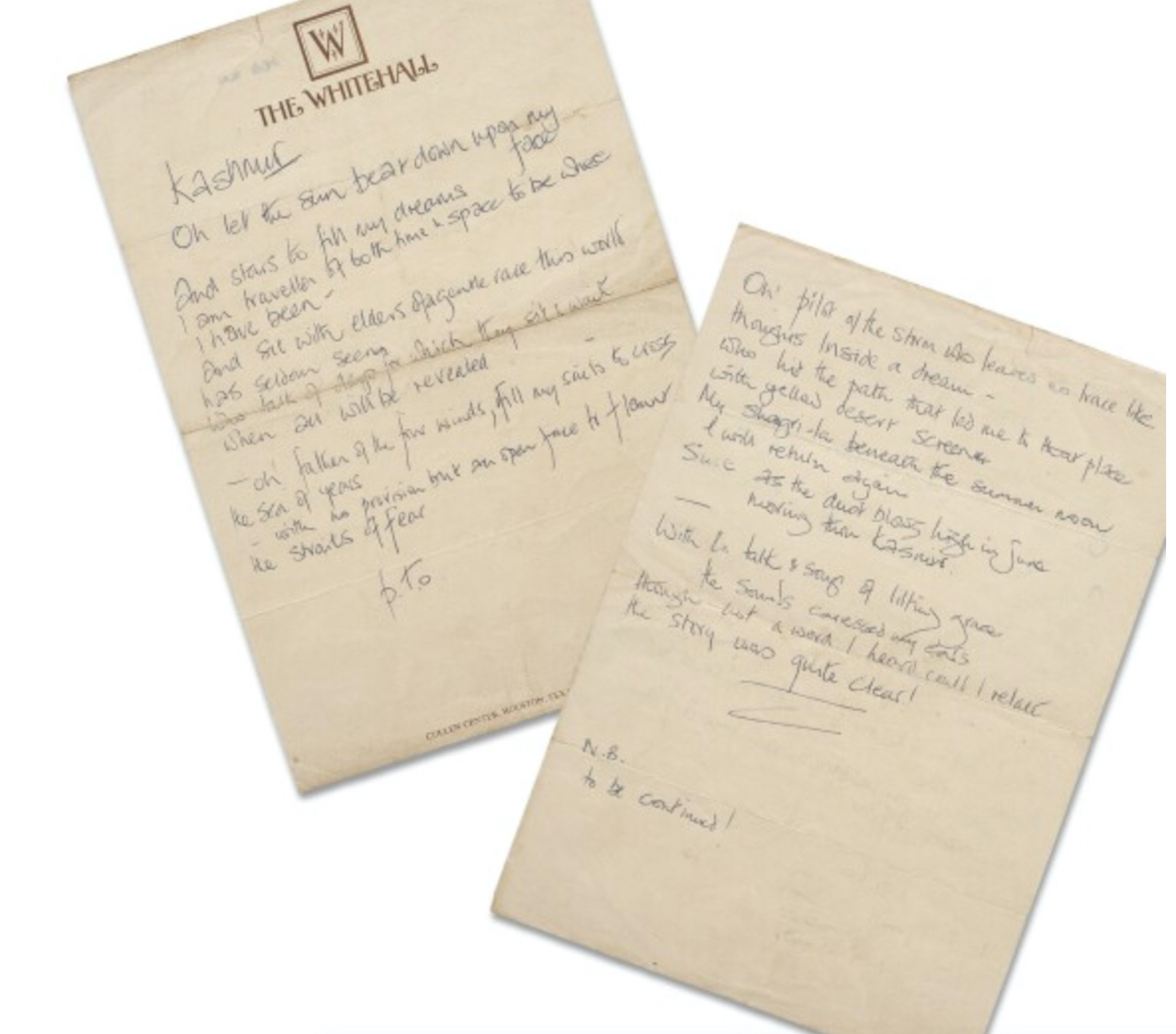 Robert Plant’s hand-written lyrics for Led Zeppelin’s Kashmir are up ...