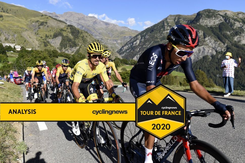 Race leader Julian Alaphilippe (Deceuninck-QuickStep) follows defending champion Egan Bernal (Ineos Grenadiers) during stage 4 of the 2020 Tour de France