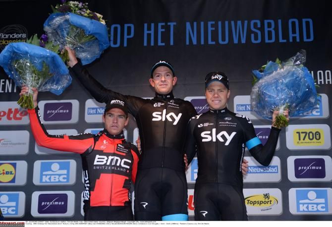 The Omloop Het Nieuwsblad podium with Van Avermaet, Stannard and Boasson Hagen