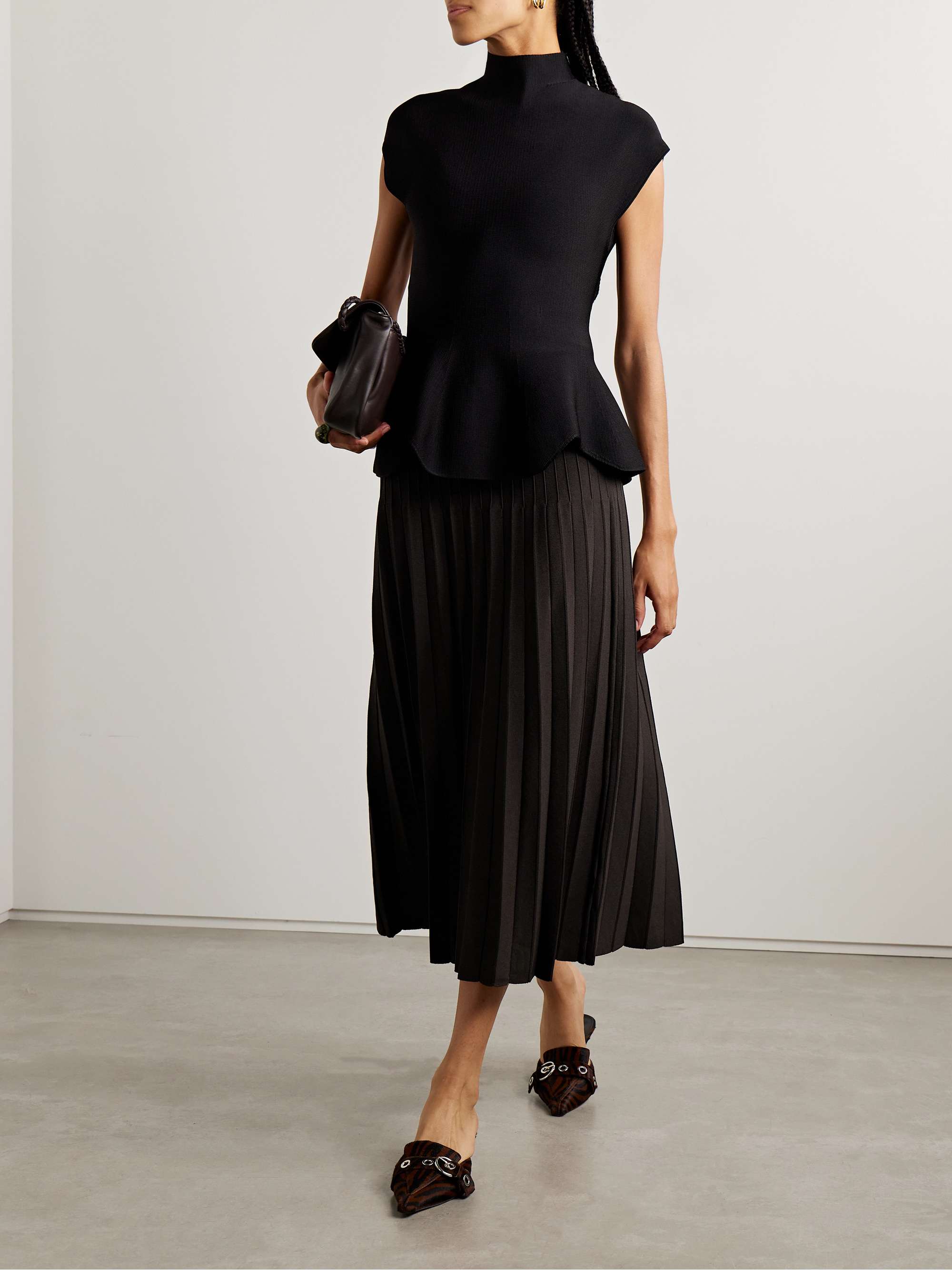 Lena Pleated Ribbed-Knit Midi Skirt