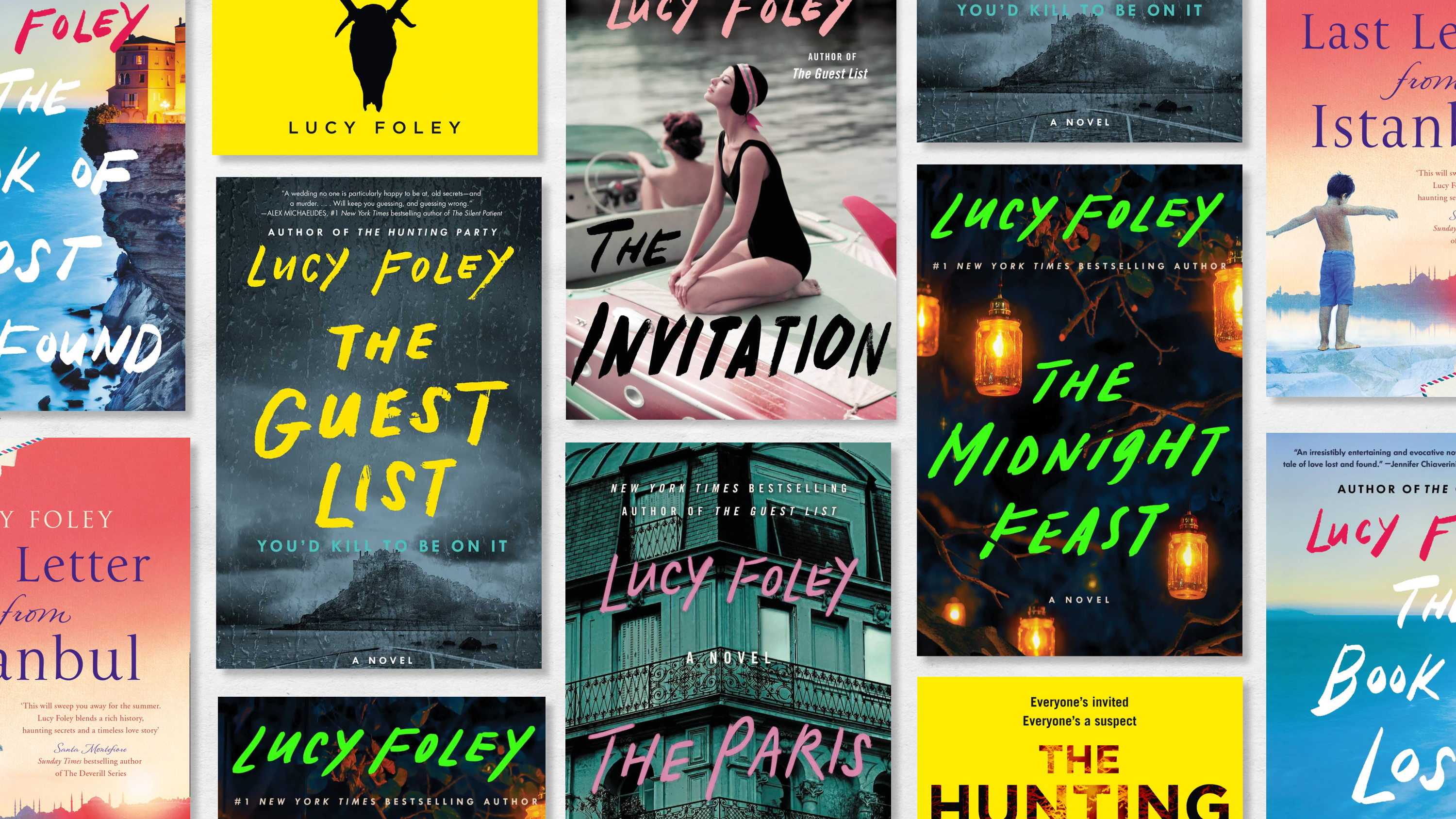 a collage of book covers of thrillers and historical fiction novels by lucy foley including the guest lits the invitation the paris apartment and more