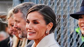 Queen Letizia of Spain during a welcoming ceremony upon arrival at the airport in Copenhagen