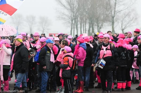 Supporters of each rider congregated before the start