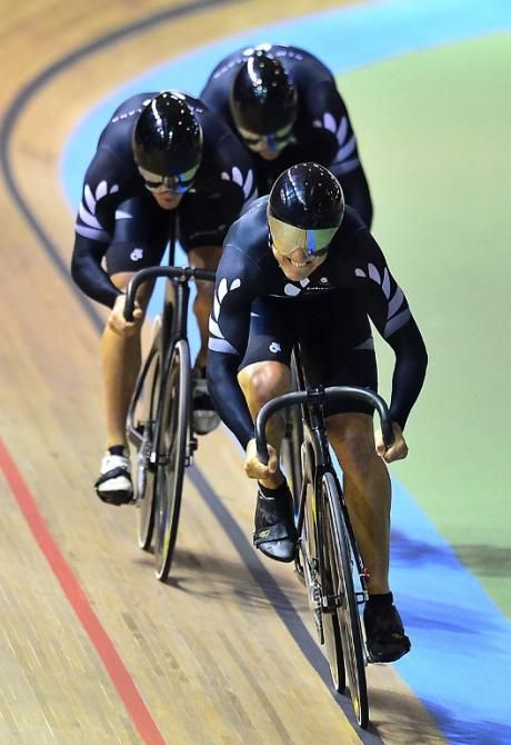 New Zealand's Ethan Mitchel, Sam Webster and Edward Dawkins compete during the Men's team sprint race
