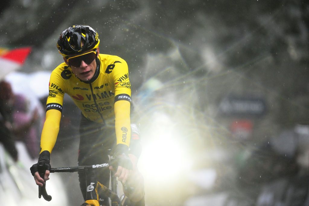 ALTO DE SAN XIAO - MONTE ALOIA, SPAIN - FEBRUARY 25: Jonas Vingegaard Hansen of Denmark and Team Visma | Lease a Bike - Yellow Leader Jersey celebrates at finish line as stage winner during the 3rd O Gran Camiño - The Historical Route 2024, Stage 4 a 110km stage from Ponteareas to Alto de San Xiao - Monte Aloia 629m / Stage shortened due to the adverse weather/ on February 25, 2024 in Alto de San Xiao - Monte Aloia, Spain. (Photo by Dario Belingheri/Getty Images)