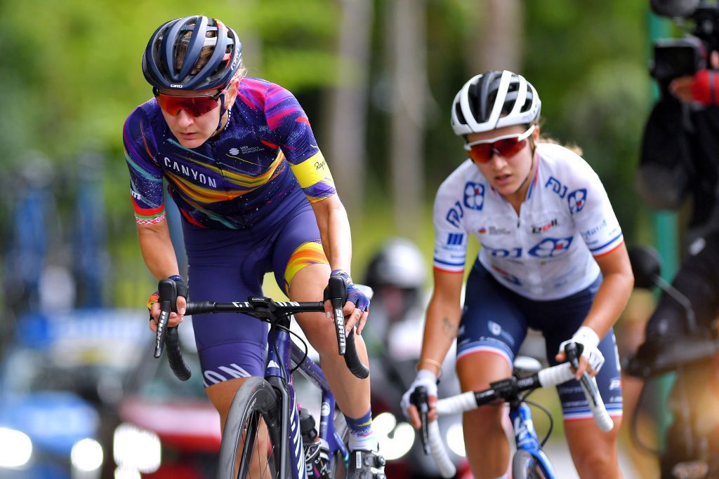 PLOUAY FRANCE AUGUST 30 Alena Amialiusik of Belarus and Canyon SRAM Racing Team competes in the breakaway during the 20th GP de Plouay Lorient Agglomration Trophe Ceratizit 2021 a 1504km one day race from Plouay to Plouay GrandPrixPlouay OuestFrance on August 30 2021 in Plouay France Photo by Luc ClaessenGetty Images