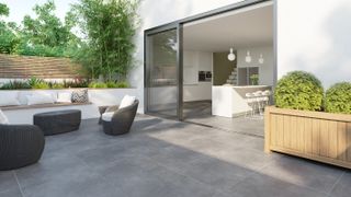 grey non slip porcelain tiles on patio and in kitchen
