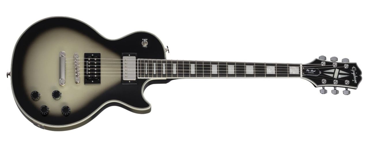 The Epiphone Adam Jones Art Collection Les Paul Custom Julie Heffernan is finished in Antique Silverburst and features Heffernan's &ldquo;Study For Self-Portrait with Rose Skirt and a Mouse&rdquo; on the back