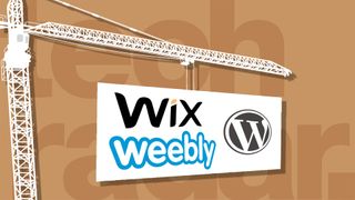 Bästa gratis webbplatsbyggare: Logos för Wix, Weebly, WordPress.com på en poster som hålls upp av en byggkran.