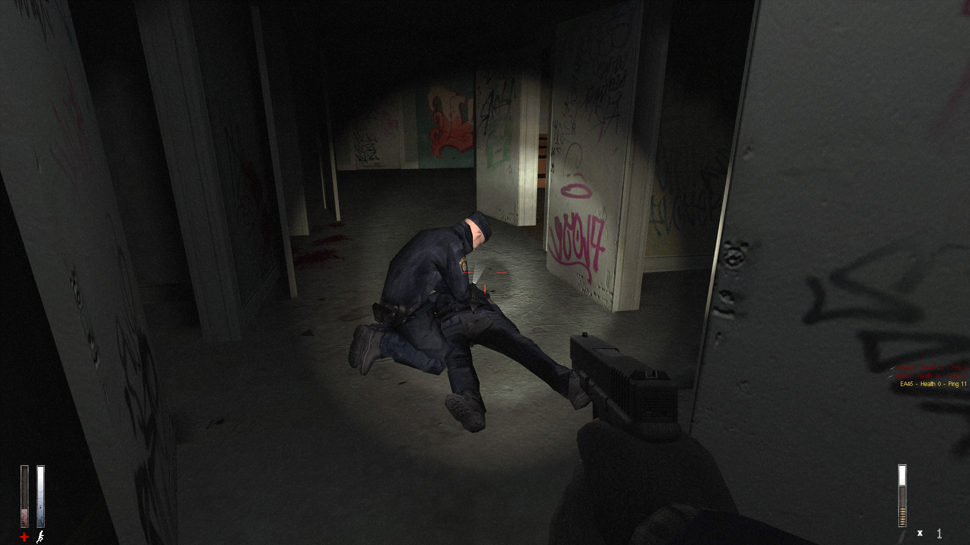 Free Steam games - Cry Of Fear - A character in black tactical gear kneels over a prone other character.