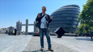 Man presenting to camera in London