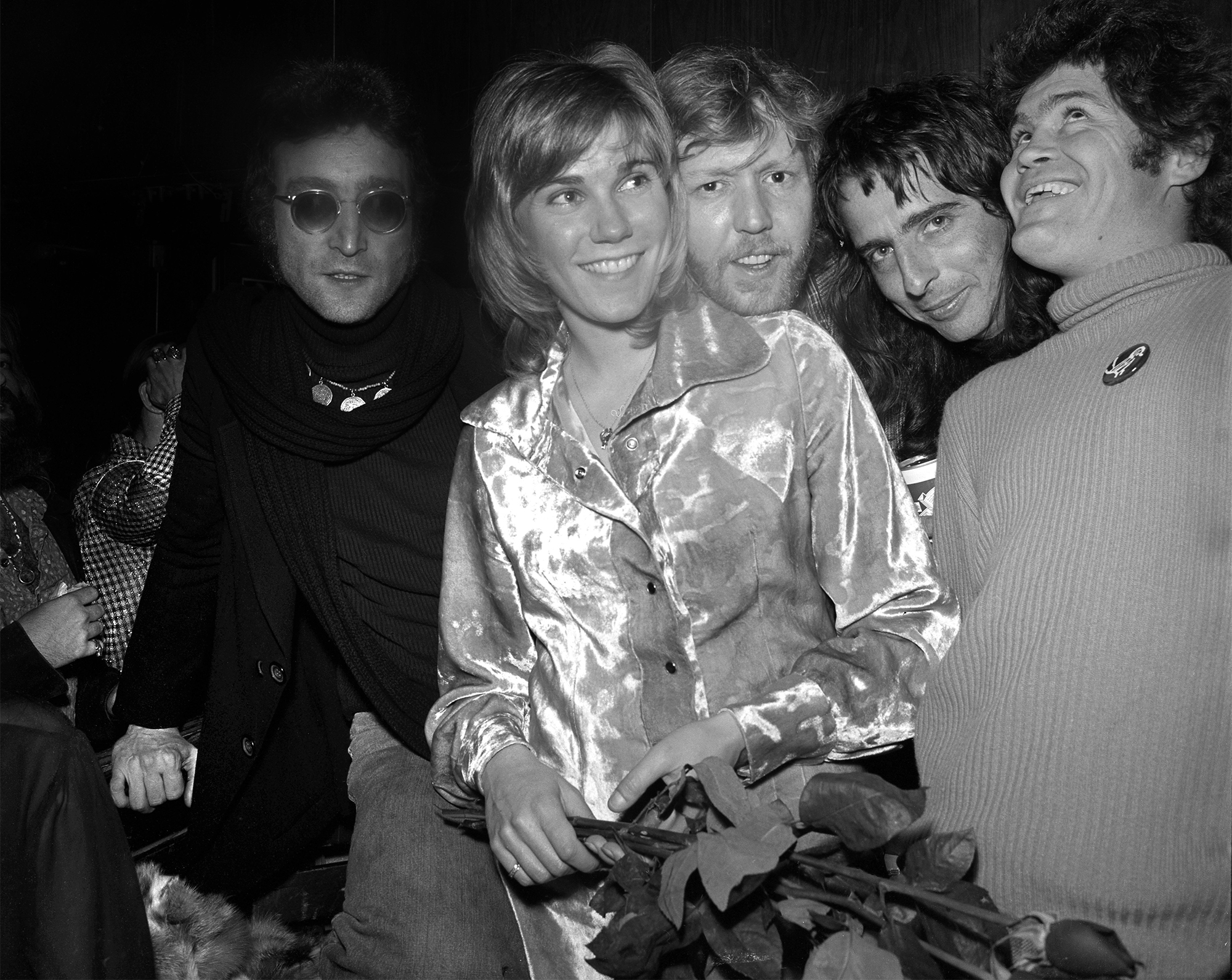 Drinking buddies known as &#039;The Hollywood Vampires&#039; (L-R -- John Lennon (during his &#039;Lost Weekend&#039; period), Harry Nilsson, Alice Cooper and Micky Dolenz celebrate an early Thanksgiving with singer Anne Murray (2nd from left) at the Troubadour on November 21, 1973 in Los Angeles, California.