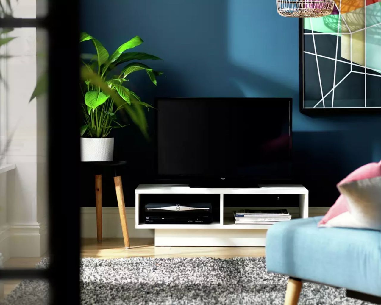 Habitat Cubes TV Unit in white inside blue living room