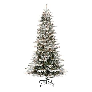 Puleo International 7.5 Foot Pre-Lit Slim Flocked Aspen Fir Artificial Christmas Tree With 450 Clear Lights