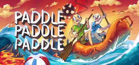 Paddle Paddle Paddle promotional artwork featuring two players rowing through rough seas while dodging hazards in the challenging co-op game.