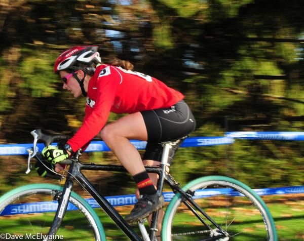 A rider streaks past a pine grove