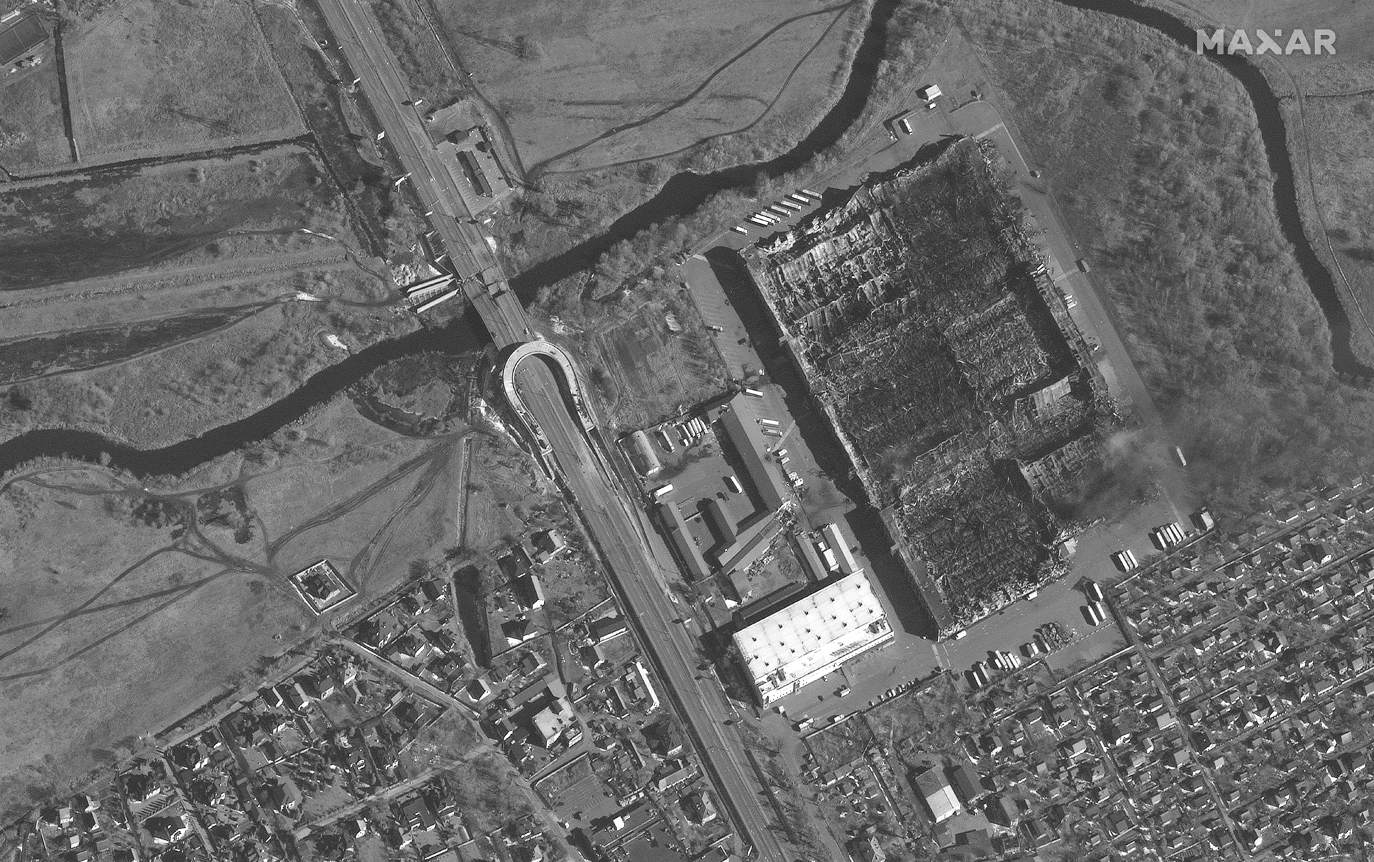 Destroyed warehouse buildings in Stoyanka, western Kyiv region are visible in this Maxar satellite image taken on March 10, 2022.