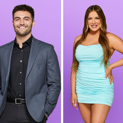 a split image of joe and madison in love is blind season 9