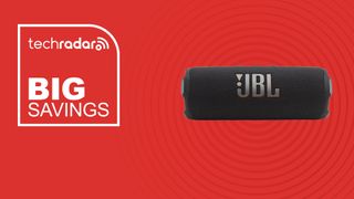 The JBL Flip 7 on a red background with text saying Big Savings.
