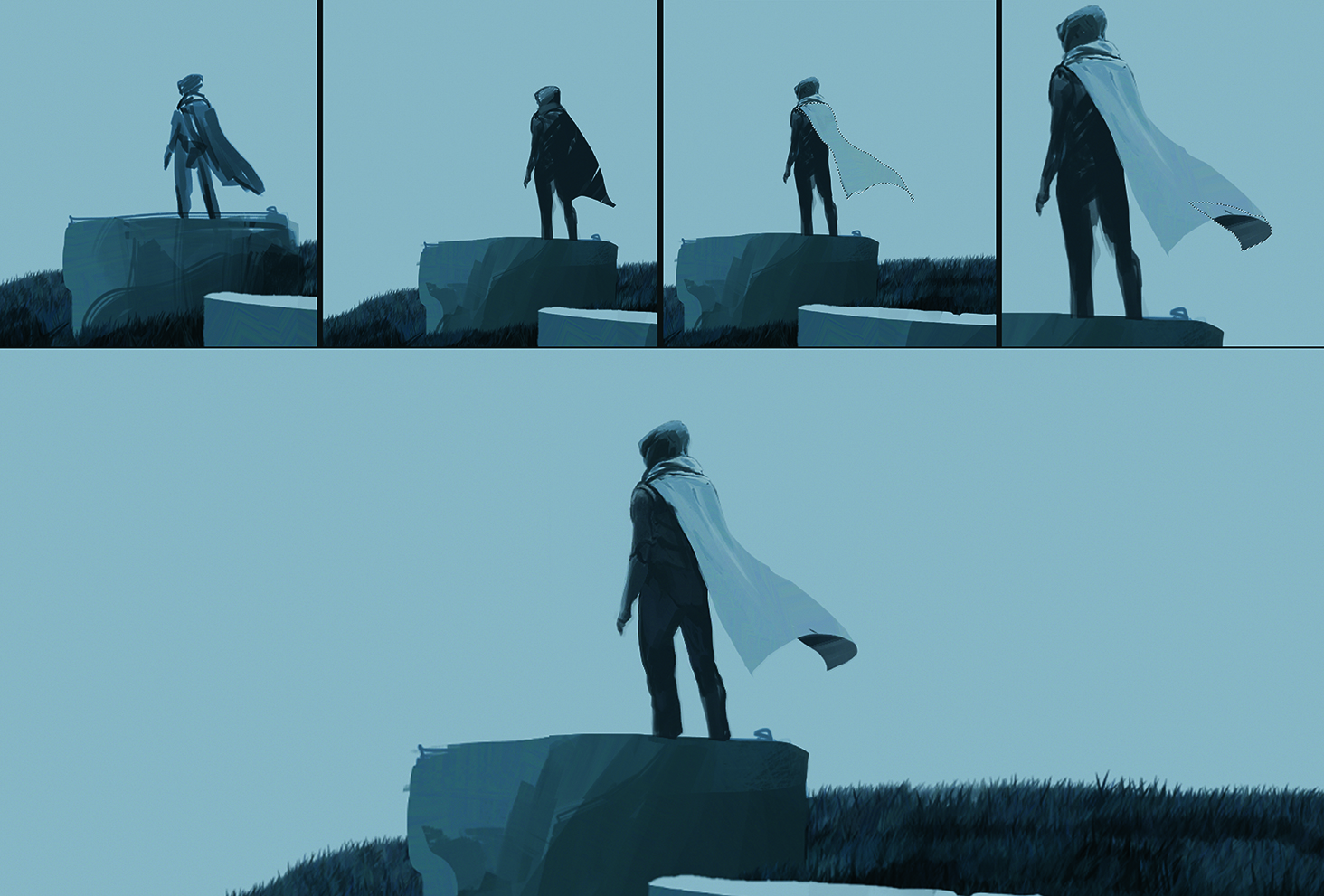 Part of the process of making digital art in Photoshop. The artwork shows a lone figure in a surreal dreamscape