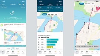 Tre skärmdumpar från Fitbit app-appen som visar ett gäng kartor och löpstatistik.
