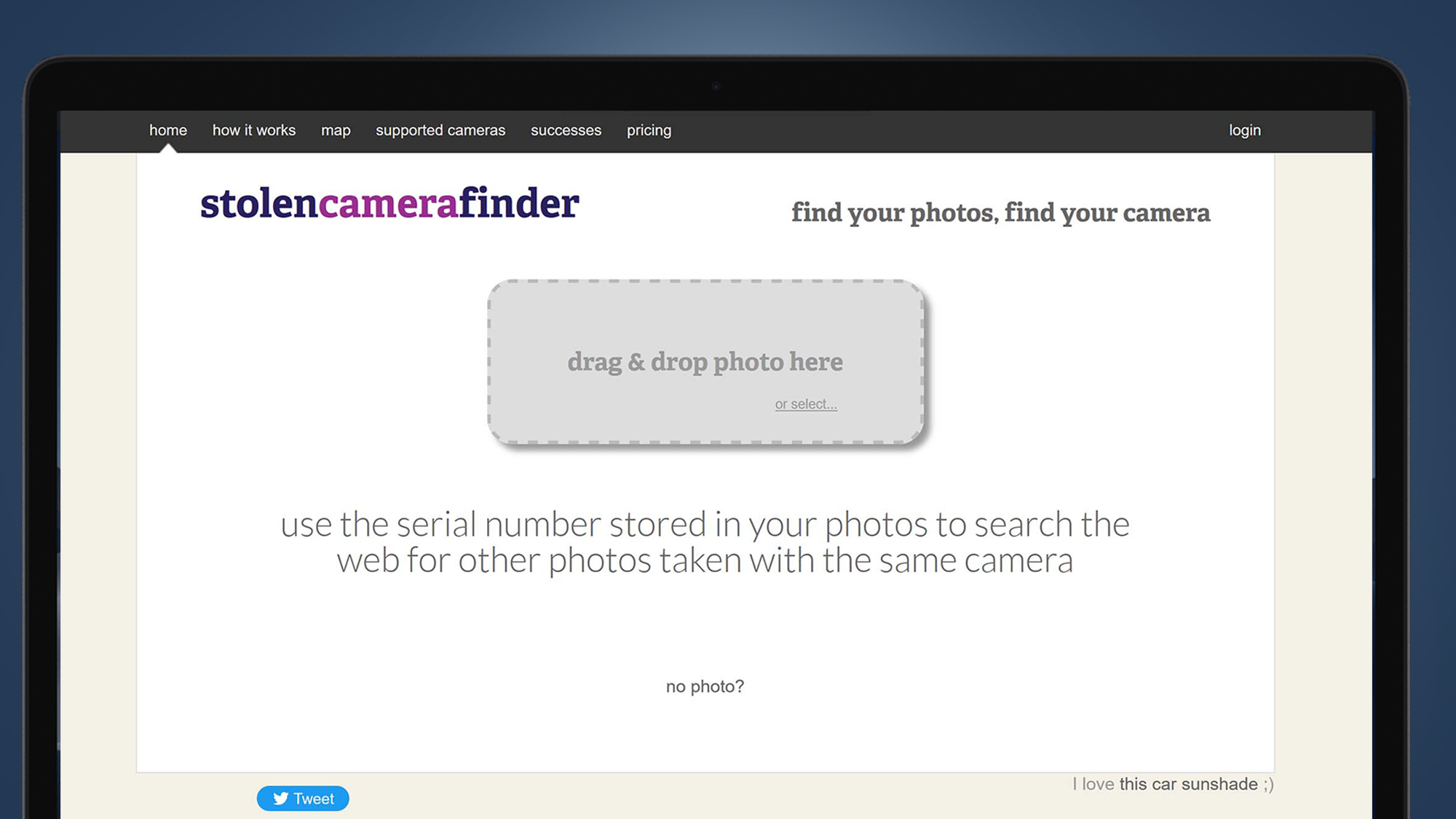 A laptop screen showing the Stolen Camera Finder website