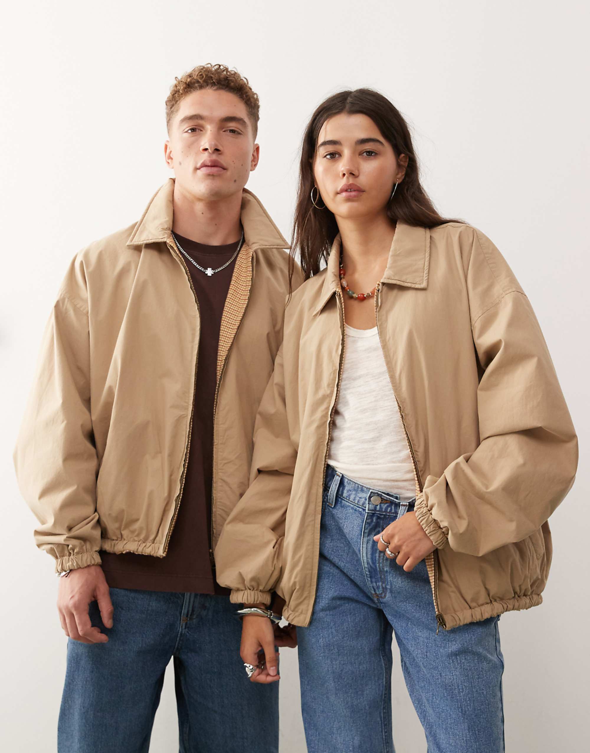 Reclaimed Vintage Unisex Reversible Harrington Coach Jacket in Tan and Check Print