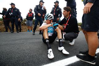 Dylan Van Baarle (Team Sky) sits on the ground following a crash after the finish of stage 12 at the Vuelta
