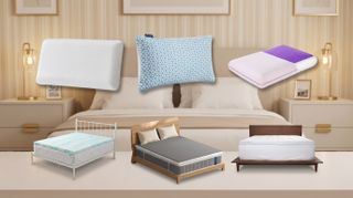 Thee pillows and three mattress toppers on a simple white and beige bedroom background.