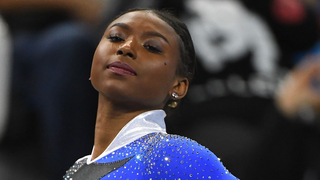 Nia Dennis performs the floor exercise during UCLA Gymnastics Meet the Bruins intra squad event at Pauley Pavilion on December 14, 2019 in Los Angeles, California.