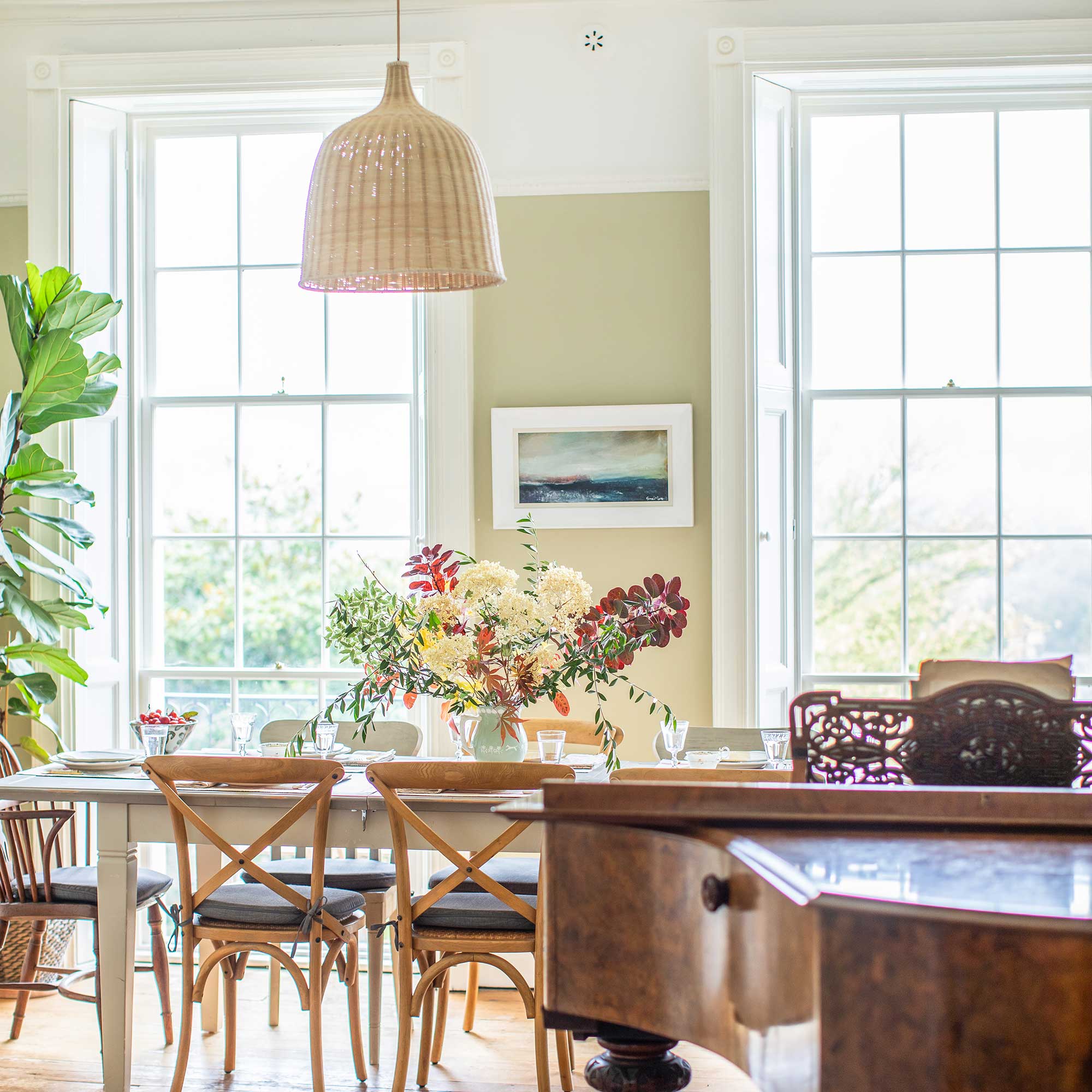 view towards large georgian sash windows in a dining room
