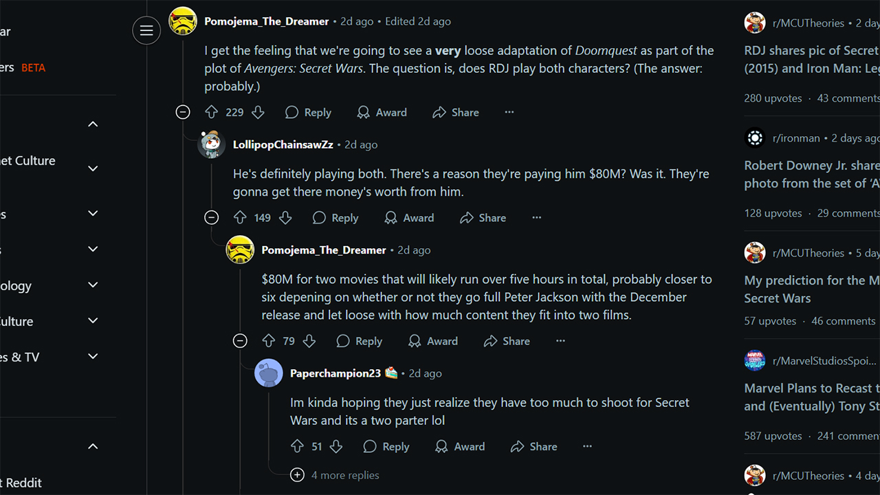 A screenshot of a discussion on a Reddit thread about Robert Downey Jr in Avengers: Doomsday