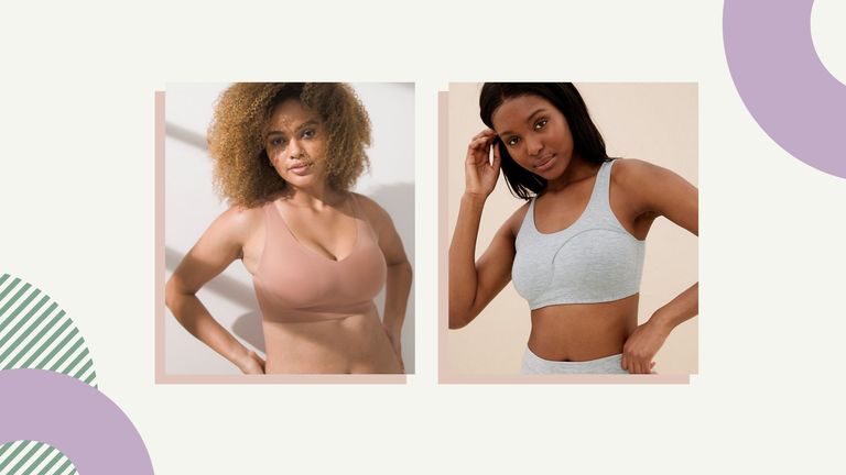 best sleep bras include these two shown on two different models in a composite image. Both are bralette shaped, one is in flesh tone and one is grey