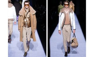 Two images of male models modelling Tom Ford clothing in shades of brown.