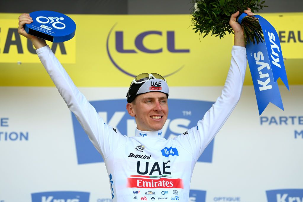 BORDEAUX FRANCE JULY 07 Tadej Pogacar of Slovenia and UAE Team Emirates celebrates at podium as White best young jersey winner during the stage seven of the 110th Tour de France 2023 a 1699km stage from Mont de Marsan to Bordeaux UCIWT on July 07 2023 in Bordeaux France Photo by Tim de WaeleGetty Images