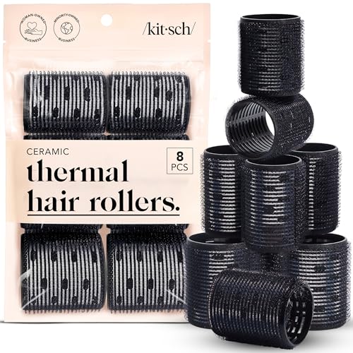 Kitsch Ceramic Thermal Hair Rollers for Women &amp;ndash; Self Grip Hair Curlers for Heatless Curls Overnight - Volumizing Large Rollers for Short &amp;amp; Long Hair - for Long Lasting Frizz-Free Curls - Black, 8pcs