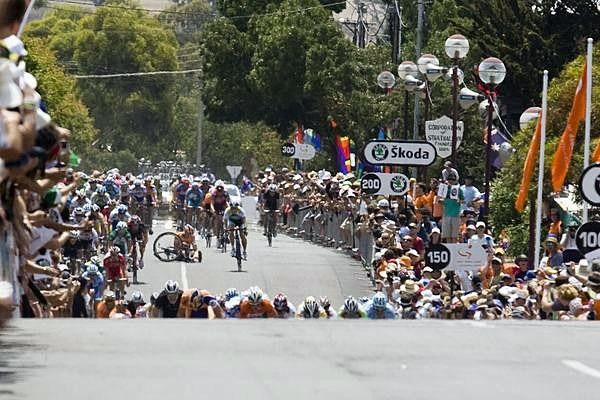 Mathew Hayman (Rabobank) went to the ground after getting a head-but from Elia Rigotto (Team Milram)